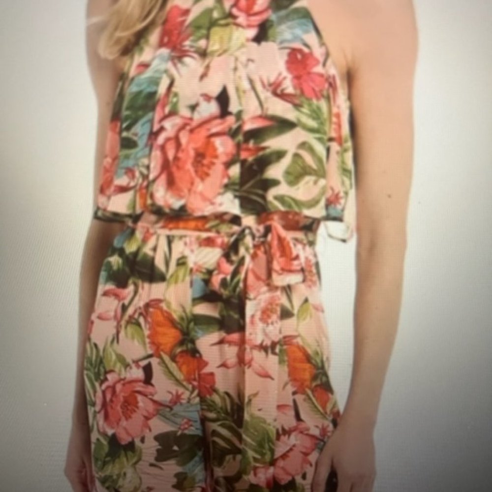 ELIZA J FLORAL HALTER NECK  POPOVER WIDE LEG JUMPSUIT